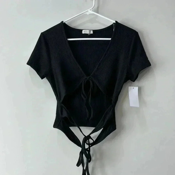Occasion Black Ribbed Crop Top XL NWT V-Neck Front Ties - Picture 1 of 11